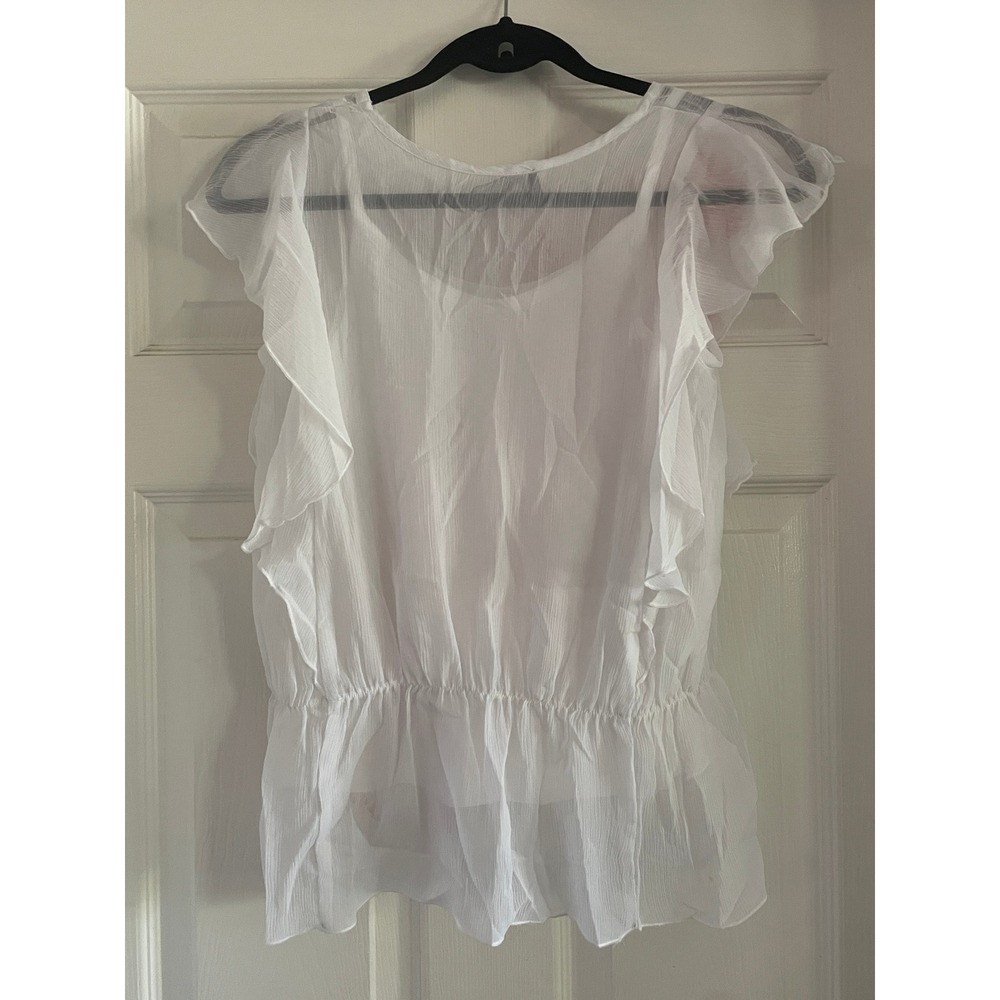 iZ Amy Byer Butterfly Floral Sheer Ruffle Blouse Top White Pink Orange Size XL - Picture 2 of 8